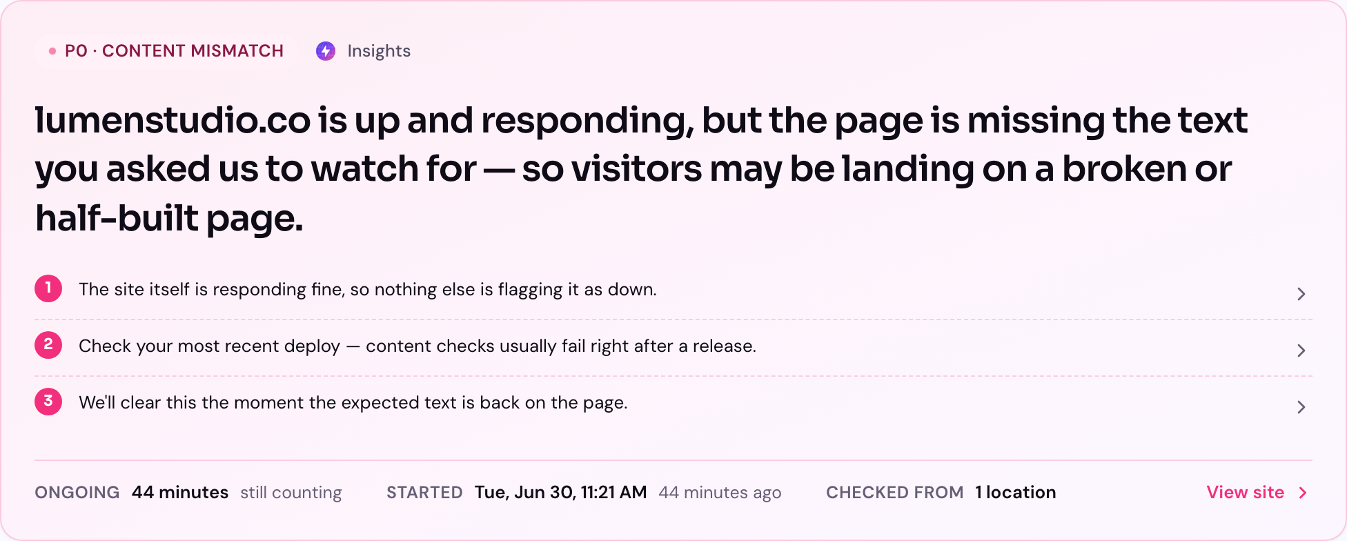 A content-mismatch incident in DomainDash: a P0 "Content mismatch" incident reading "lumenstudio.co is up and responding, but the page is missing the text you asked us to watch for", with a plain-English Insights summary and timing facts