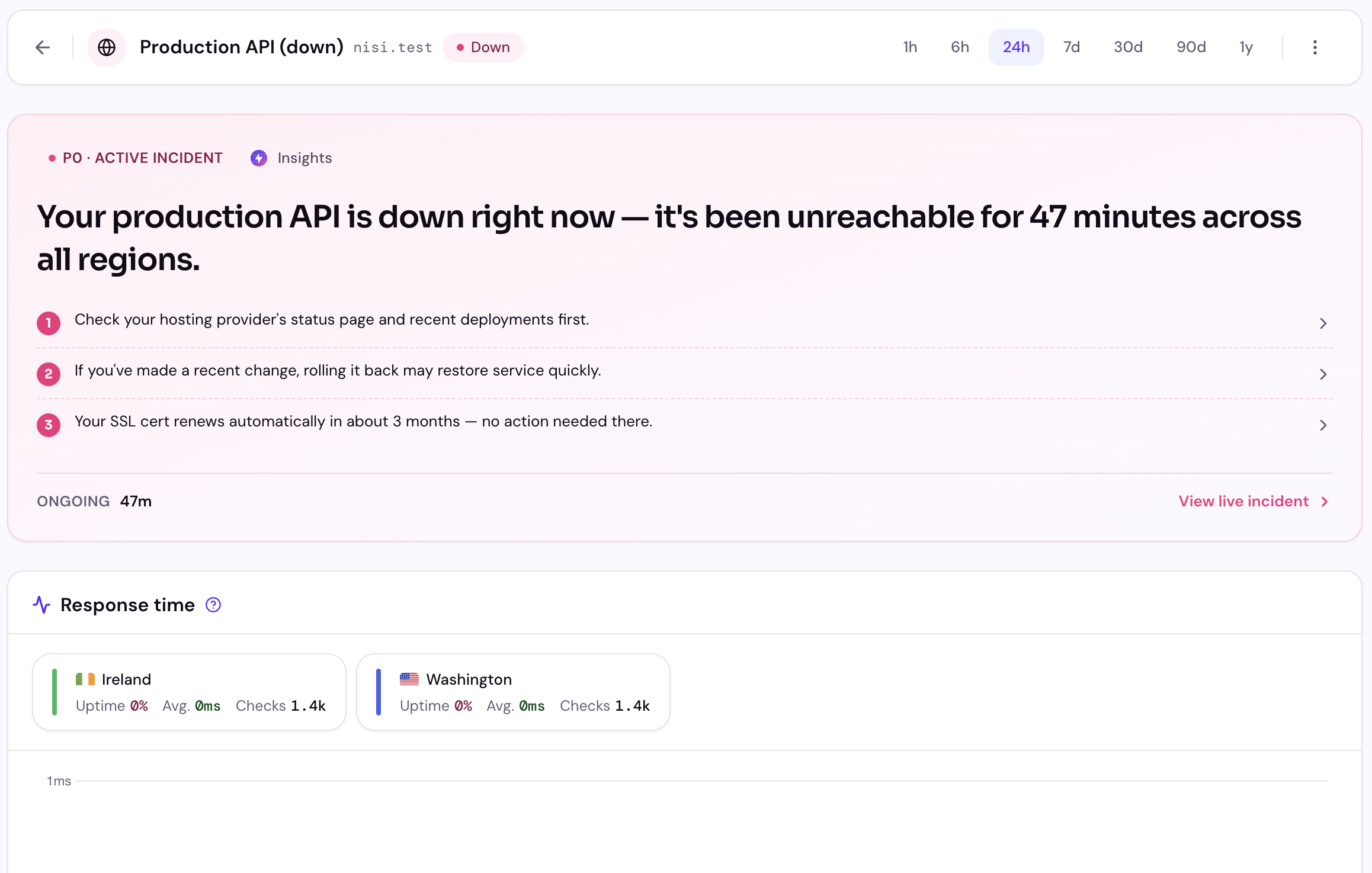 The same site insights card in its critical incident state — turned red, with the active incident as the headline and numbered next steps in place of bullets