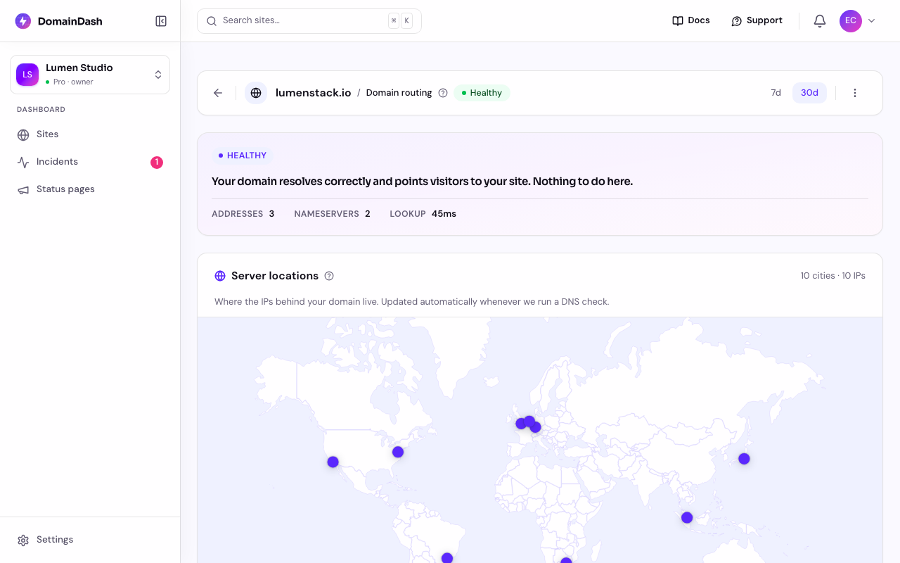 Domain routing view showing DNS health and server locations