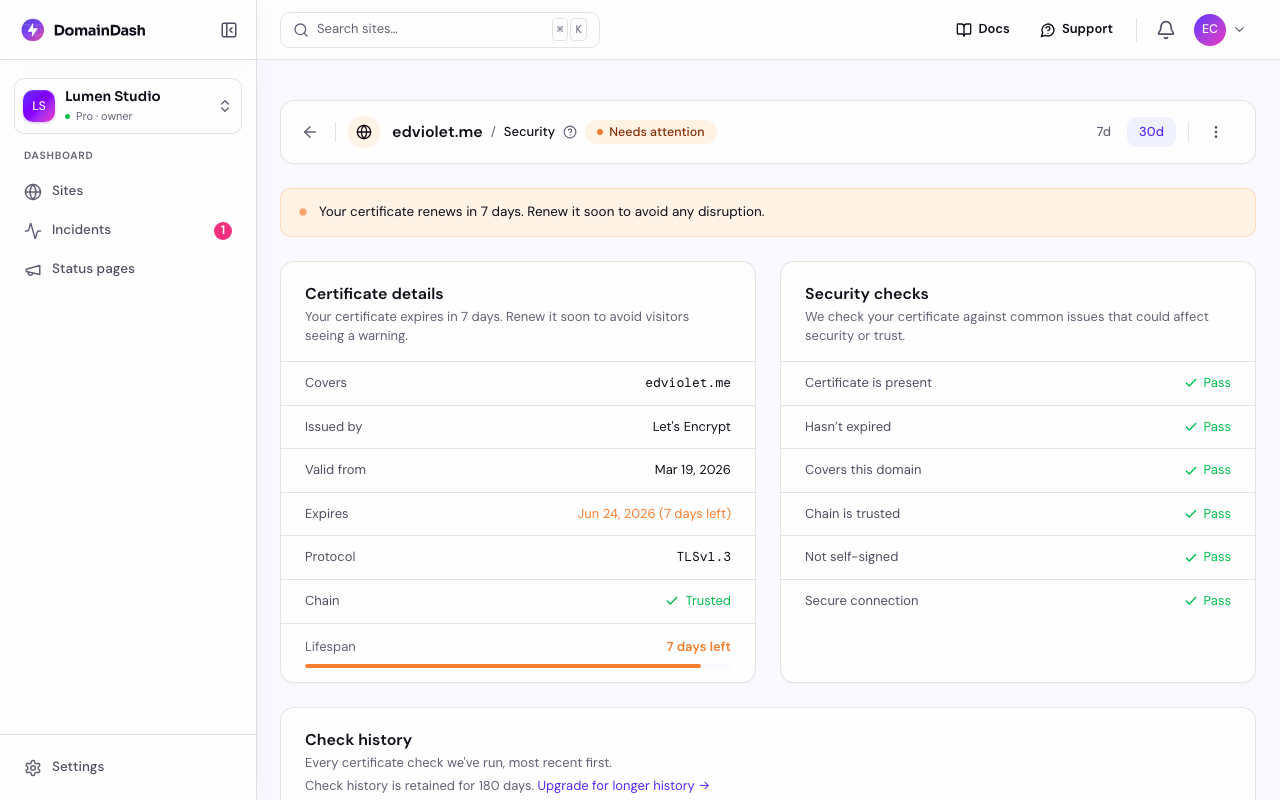 SSL certificate detail with expiry and issuer